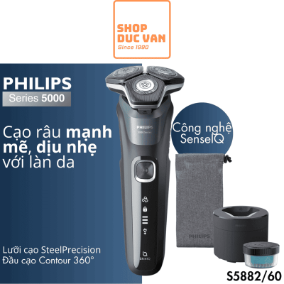 Máy Cạo Râu Không Dây Philips S5882/60 Series 5000, Cạo Ướt Và Khô, Công Nghệ Skiniq Cảm Biến Râu Kèm Hộp Làm Sạch Quick Clean Pod